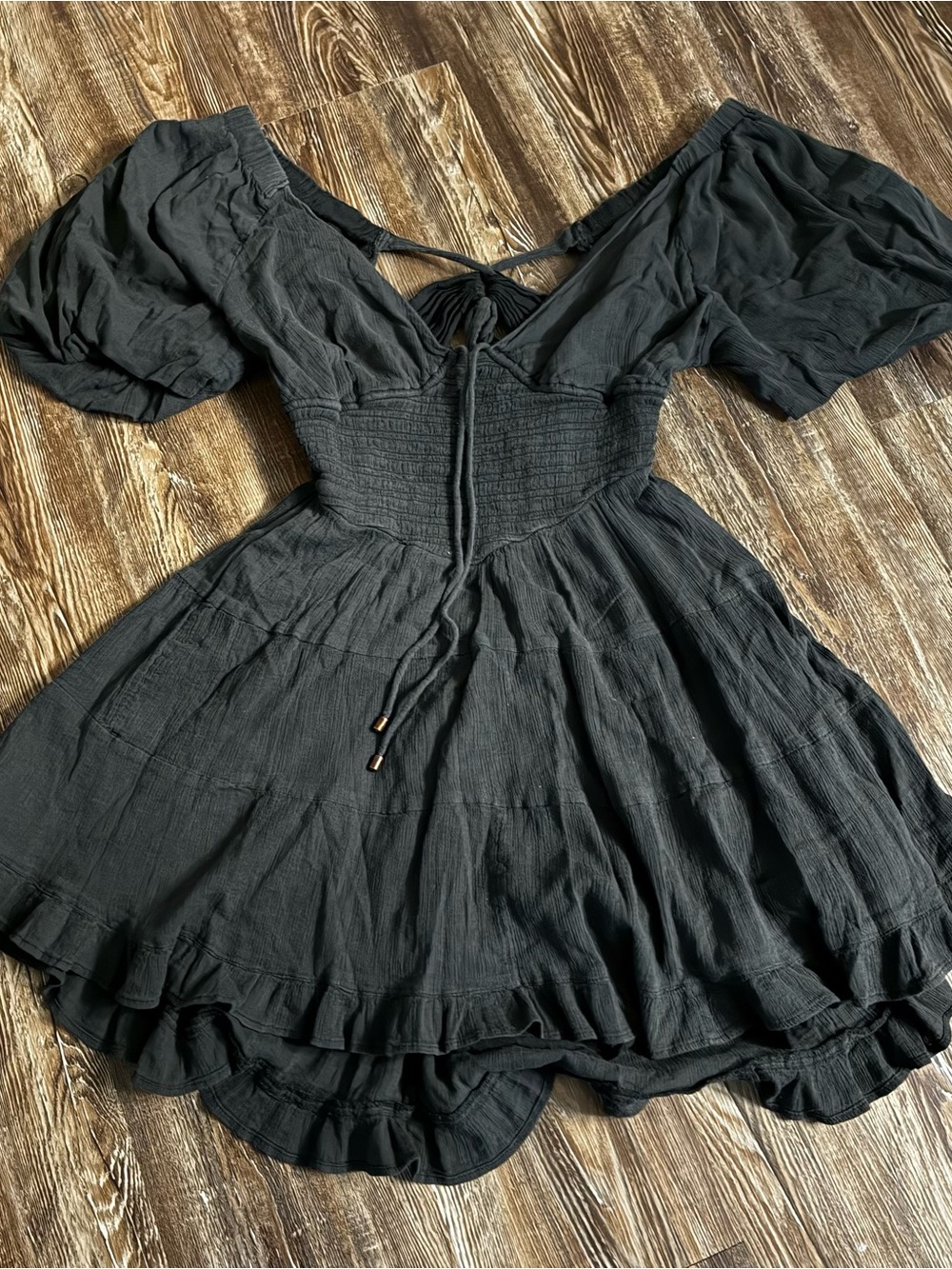Free People Black Puff-Sleeve Smocked Mini Dress